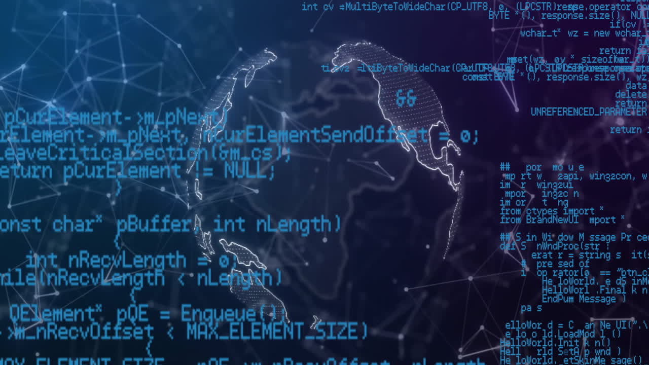 animación del procesamiento de datos sobre el globo y la red de conexiones sobre fondo negro