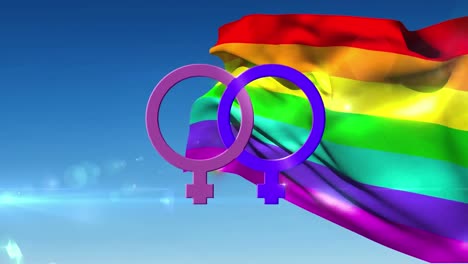 dos símbolos femeninos unidos y una bandera arco iris