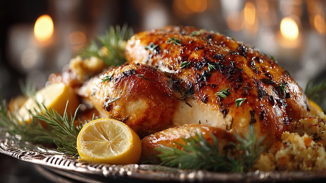 A beautifully roasted chicken garnished with fresh herbs and lemon slices, served on an elegant platter, perfect for festive gatherings and special celebrations