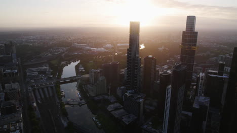 aerial tracking shot yarra river and skyscrapers of southbank, melbourne