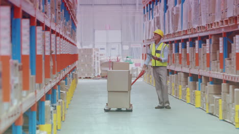 warehouse worker pulling pallet of boxes, logistics and supply chain animation