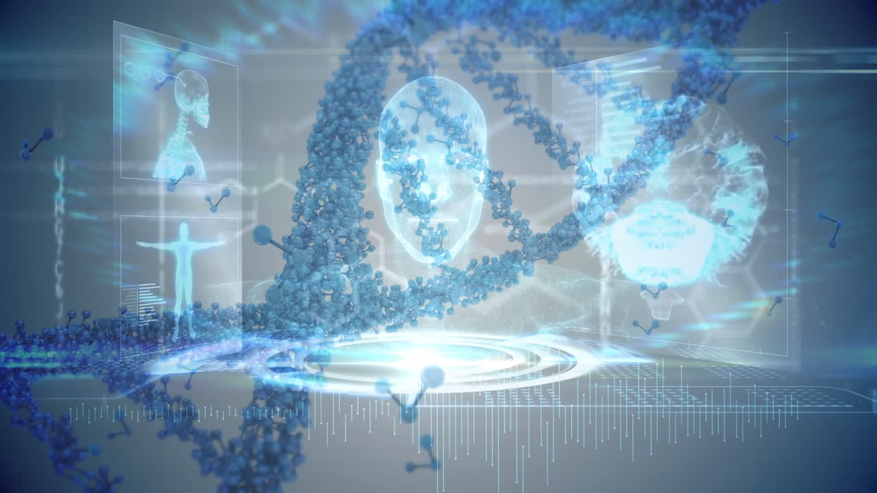 인간 뇌의 애니메이션, dna 가닥 스핀링 및 의료 데이터 처리