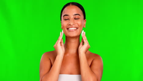 green screen, happy woman and cotton pad for face