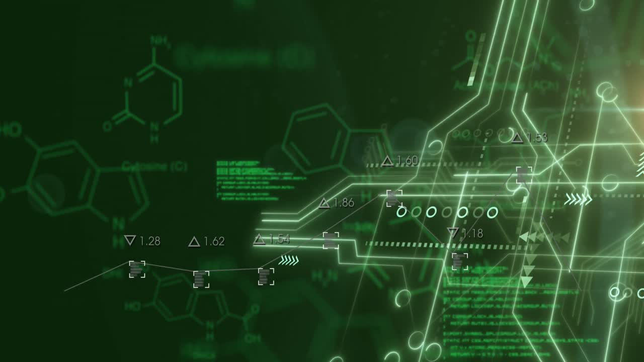 Animation of chemical structures, circuit board and data processing