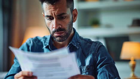 worried man reading documents