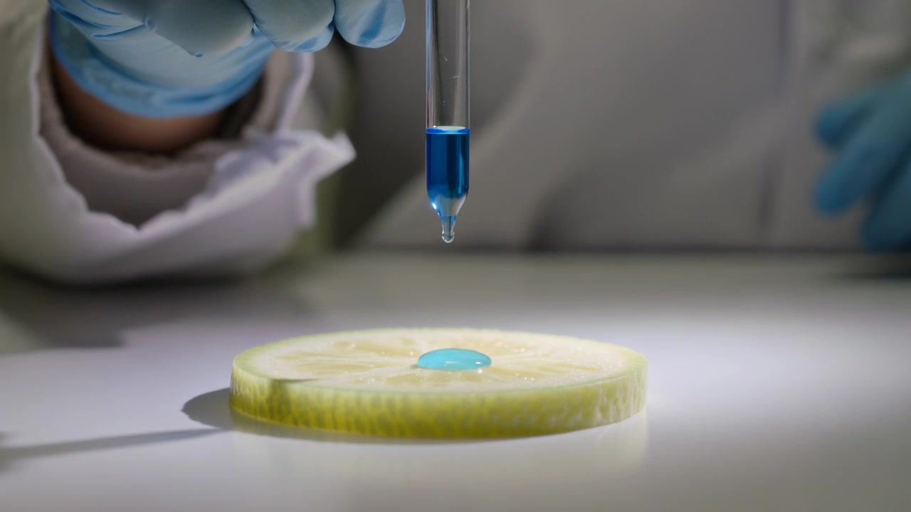 Tecnico in camice e guanti che abbassa una pipetta per aggiungere colorante blu su una fetta di cetriolo sul banco del laboratorio, osservando il colore.