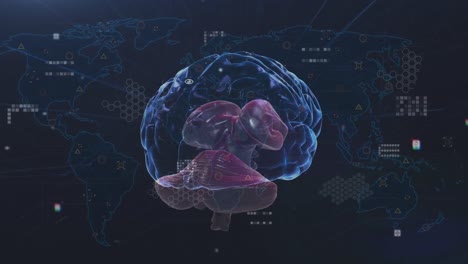 Animation-of-brain-over-world-map-and-icons-on-black-background