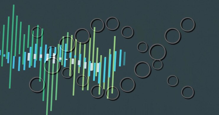 On start multicolor audio waveform bars oscillating over infinity rings for showing audio flow