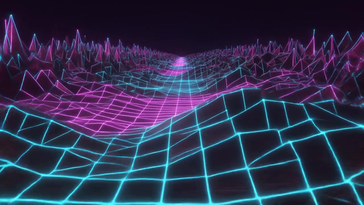 Retro Synthwave Style Digital Landscape with Glowing Neon Grid
