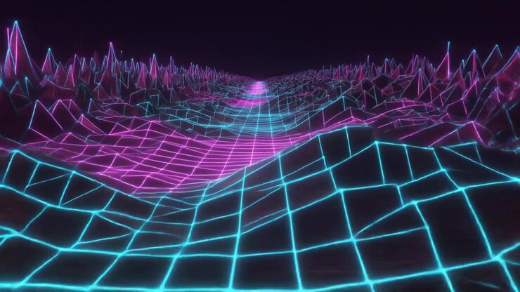 Retro Synthwave Style Digital Landscape with Glowing Neon Grid