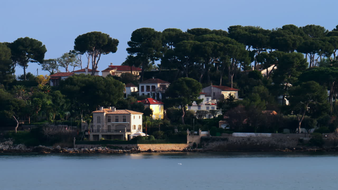 Different buildings surrounded by trees on the coast, near the sea in Cannes, France