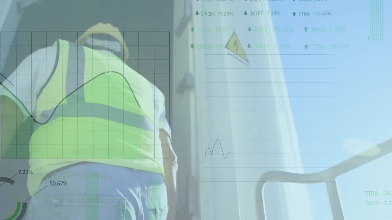animación del procesamiento de datos financieros sobre el ingeniero y la turbina eólica