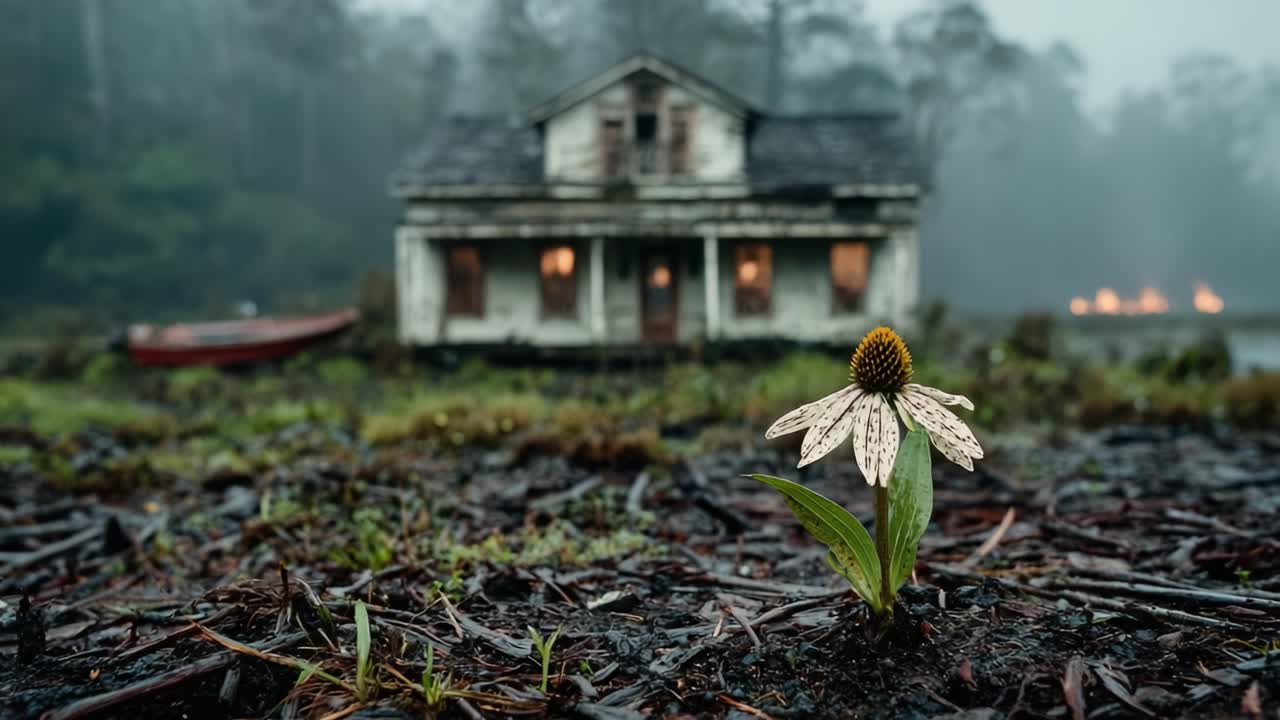 Un fiore solitario sboccia coraggiosamente in primo piano, mentre una casa fatiscente incombe sullo sfondo, circondata dalla nebbia e da un'eterea atmosfera di natura che si riappropria dello spazio.