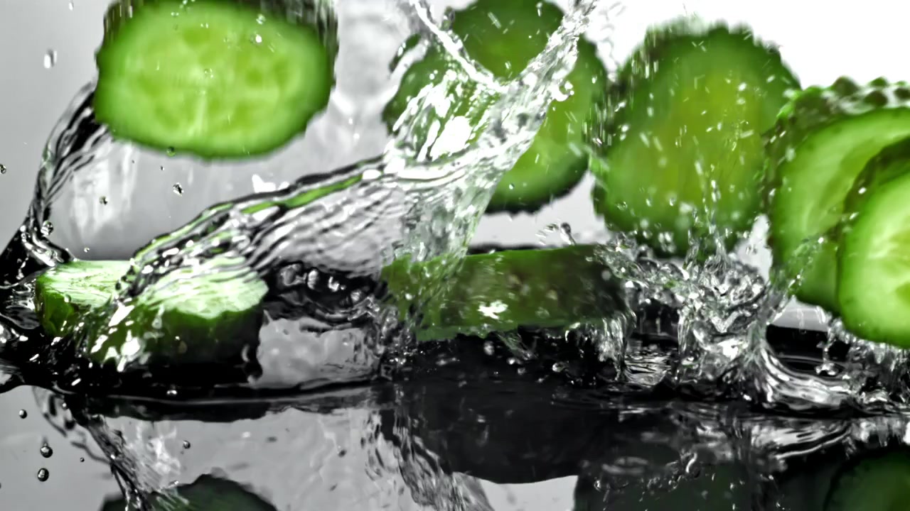 Fette di cetriolo fresco che schizzano nell'acqua al rallentatore