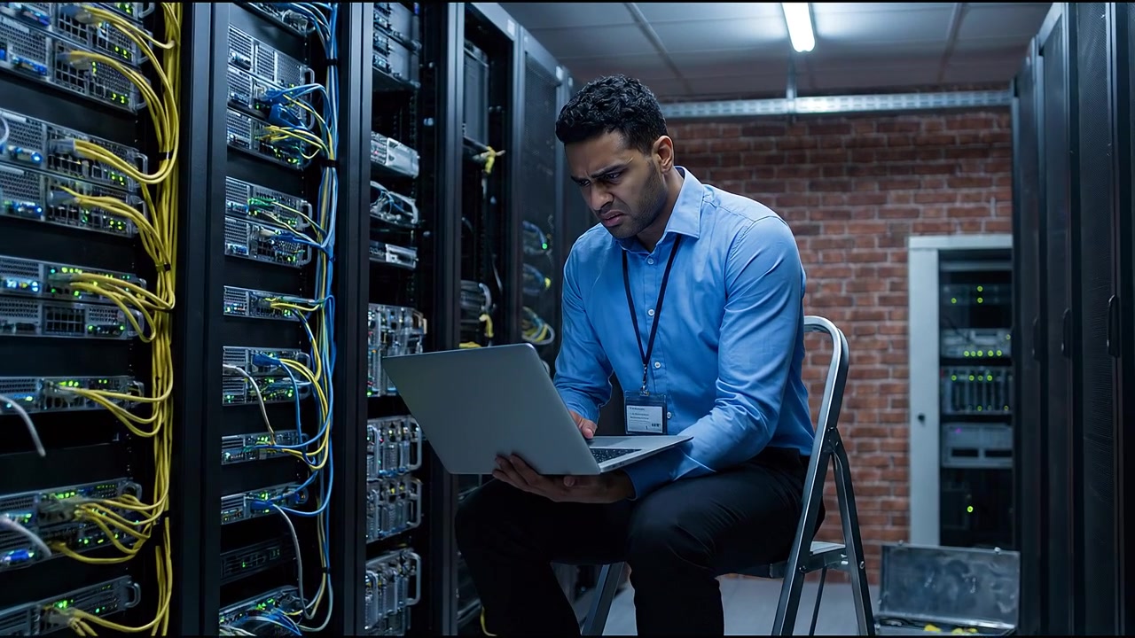 Techniker überprüft Server und Netzwerkausrüstung im Serverraum bei der Fehlerbehebung.