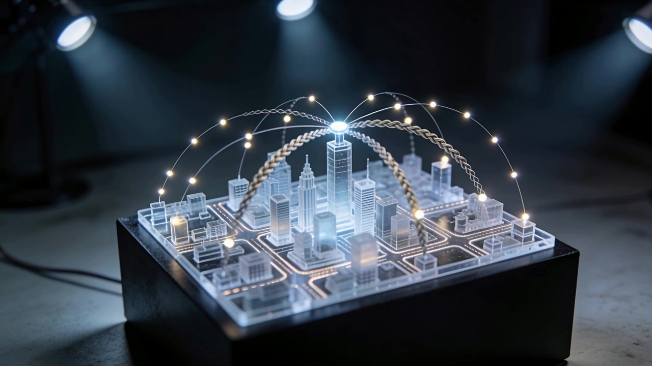 Demonstrating clear acrylic mini city model on bench, cable powering LEDs moving along braided arcs