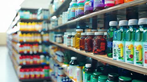 shelves of medications and vitamins in a pharmacy