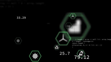 animación de iconos eco y procesamiento de datos sobre fondo negro