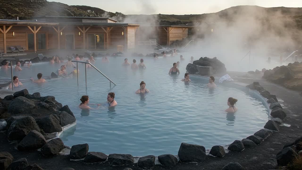 Relaxing Moments at a Natural Hot Spring: A Scene Capturing People Enjoying the Therapeutic Benefits of Soaking in Mineral-Rich Waters Surrounded by Steam and Nature