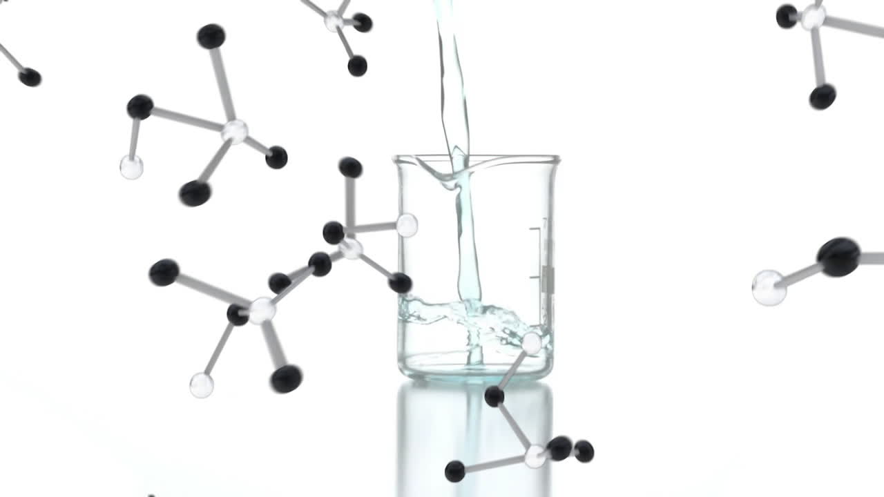 분자의 애니메이션은 물이 컵에 아지는 것을 나타니다.