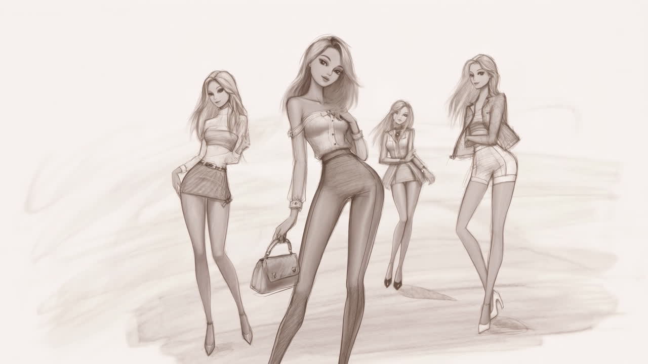 Hand-Drawn Fashion Illustrations of Women Posing in Stylish Outfits