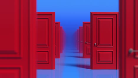 rows of red wooden closed doors on a blue background. decision making concepts, different possibilities. choice, business and success concept. moves to the right. depth of field. 3d animation loop, 4k