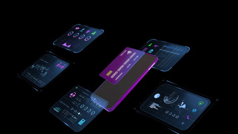 Animation-of-credit-card-and-smartphone-over-black-background