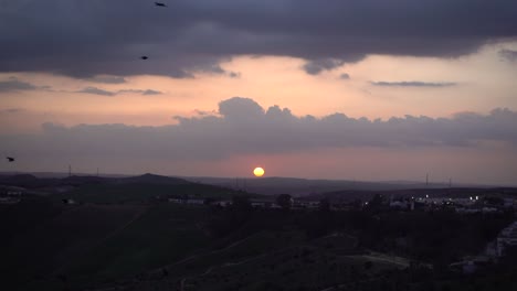 cielo recortado con puesta de sol y pájaros volando en cámara lenta