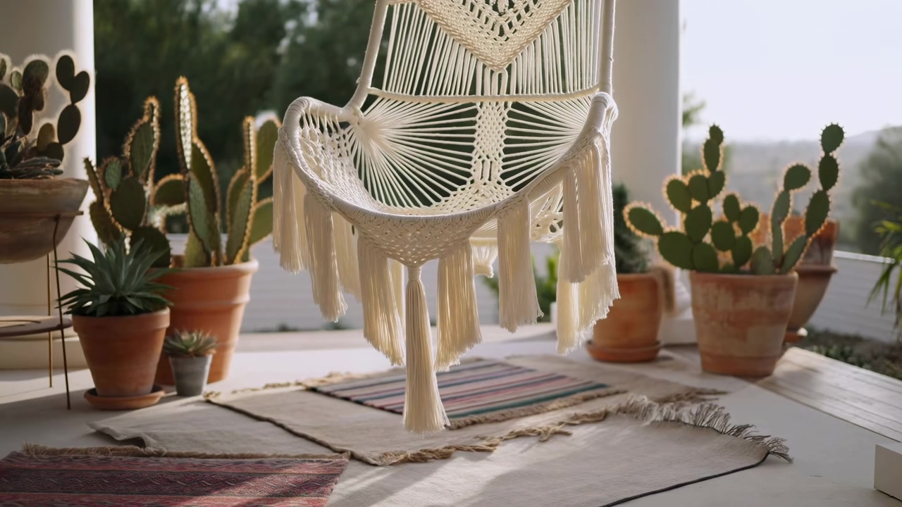 Altalena in macramè illuminata dal sole su patio con cactus in terracotta e tappeti intrecciati, frange artigianali che catturano la luce del mattino