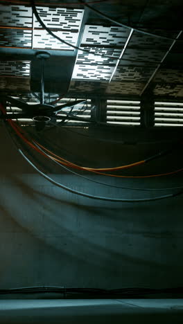 dark and industrial interior with ceiling fan and wires