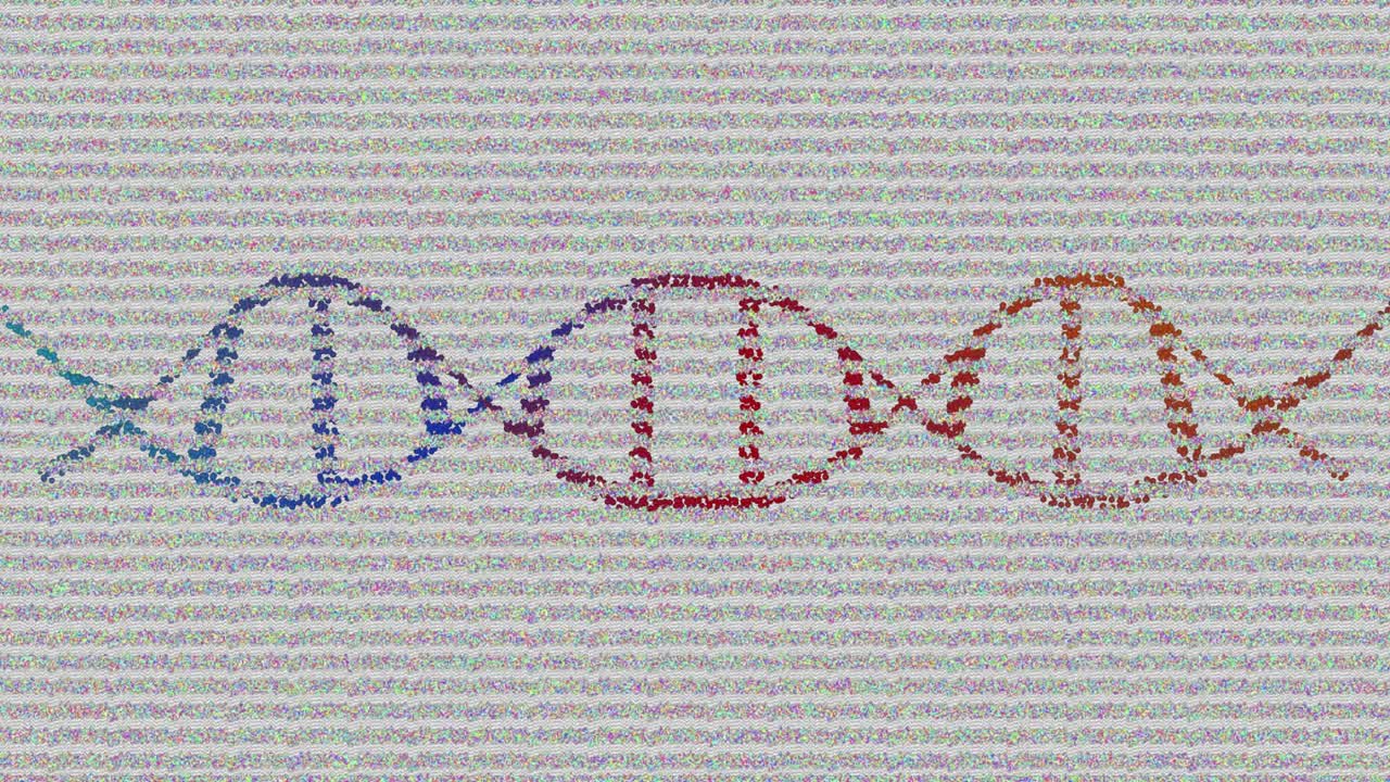 Animación de ADN sobre un fallo técnico (glitch) y un fondo gris