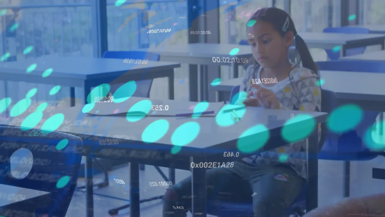 animación de múltiples gráficos, números, mapa sobre diversos estudiantes que dan el examen en el aula en la escuela