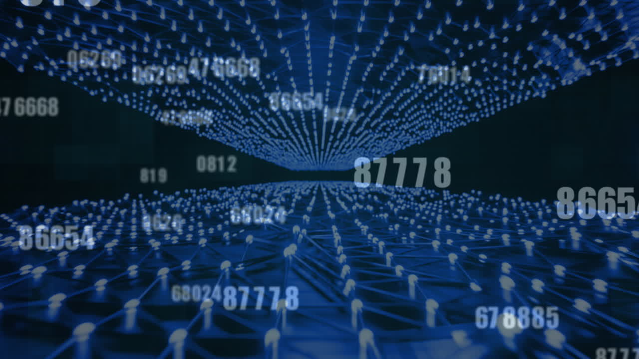 Numeric data processing over glowing blue information network of connections on black background
