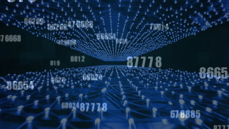 Numeric data processing over glowing blue information network of connections on black background