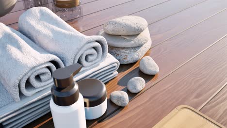 Spa-wellness-setting-with-flowers,-towels,-healing-rocks,-and-spa-treatment-creams-on-wooden-surface,-on-day-time,-3D-animation,-SPA-salon-treatment,-relaxation,-camera-zoom