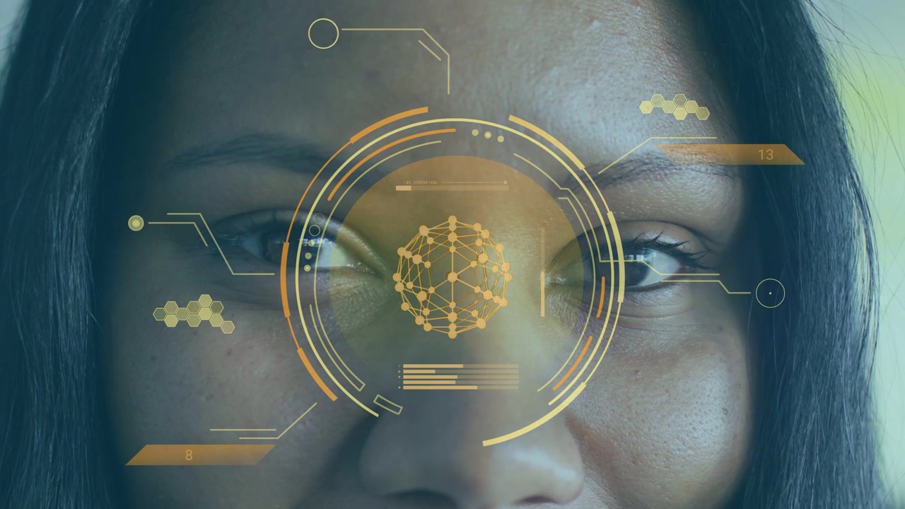 Mid-adult woman holding gaze scan starting HUD overlaying rotating rings pulsing node for tech demo