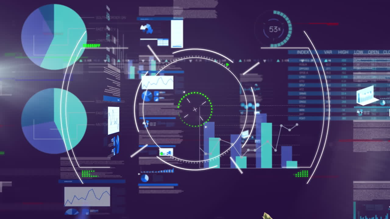 Animation of data processing and scope scanning over stock market