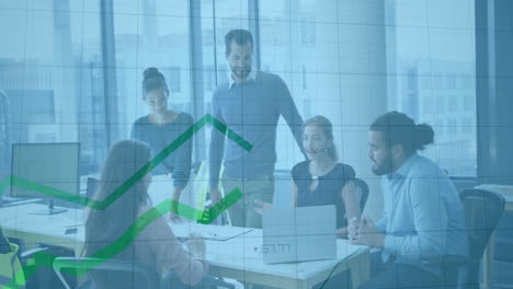 business team collaborating at office with financial graph animation overlay