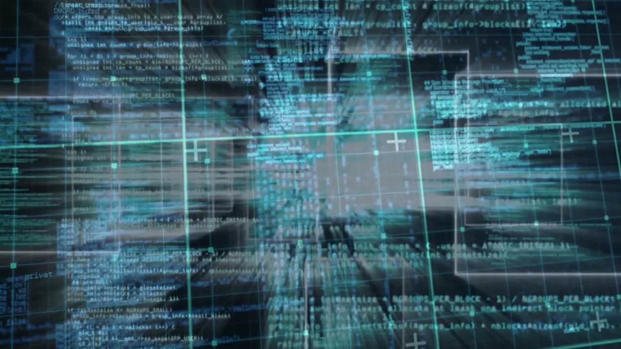 Upon playback digital code visualization zooming through panels toward core guiding viewer inward