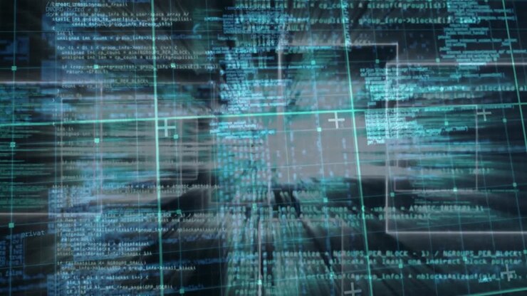 Upon playback digital code visualization zooming through panels toward core guiding viewer inward