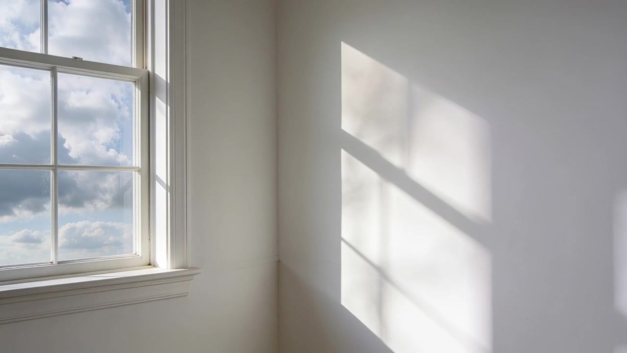 Shifting sun patch changing on white wall at room corner, clouds passing, showing sash window grid