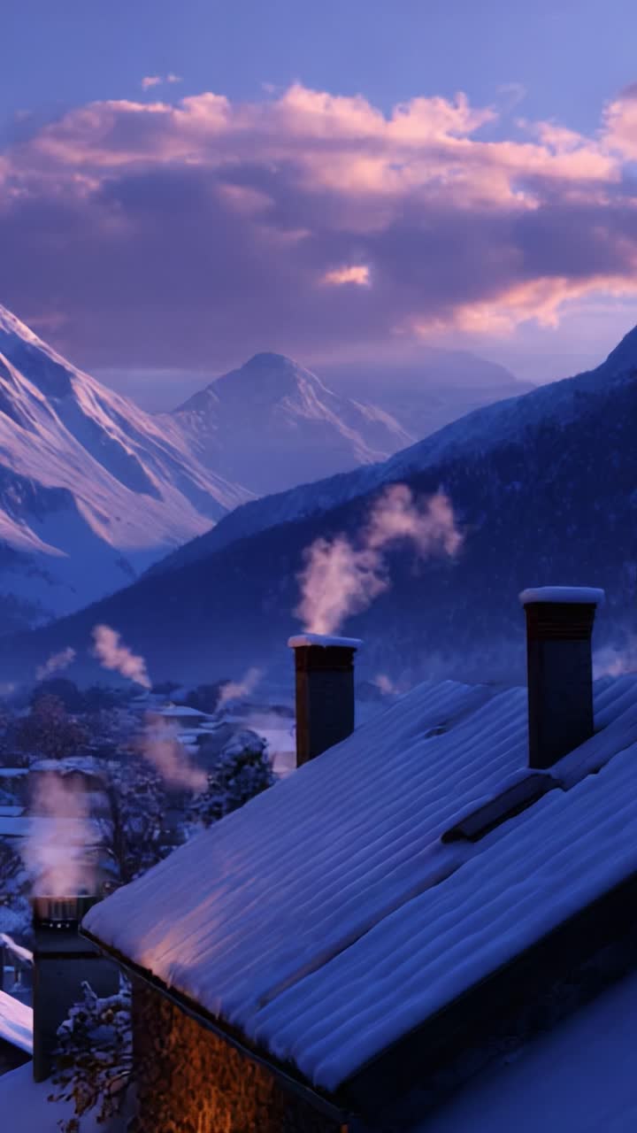 A Captivating Winter Evening Scene With Smoke Ascending From A Cozy Rooftop Amidst Majestic Snow-Covered Mountains And A Colorful Sky During Dusk, Evoking Warmth In A Chilly Landscape