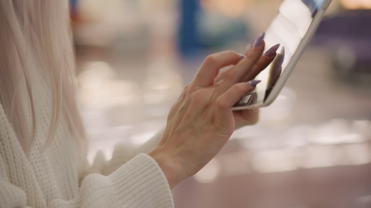 close up manicured nails tapping tablet touchscreen held in hand with lavender polish against blurred shopping mall seating area backdrop capturing elegant refined digital interaction