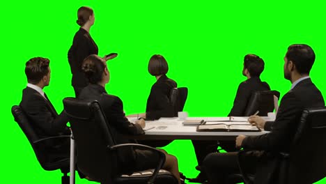 businesswoman giving presentation on futuristic digital screen