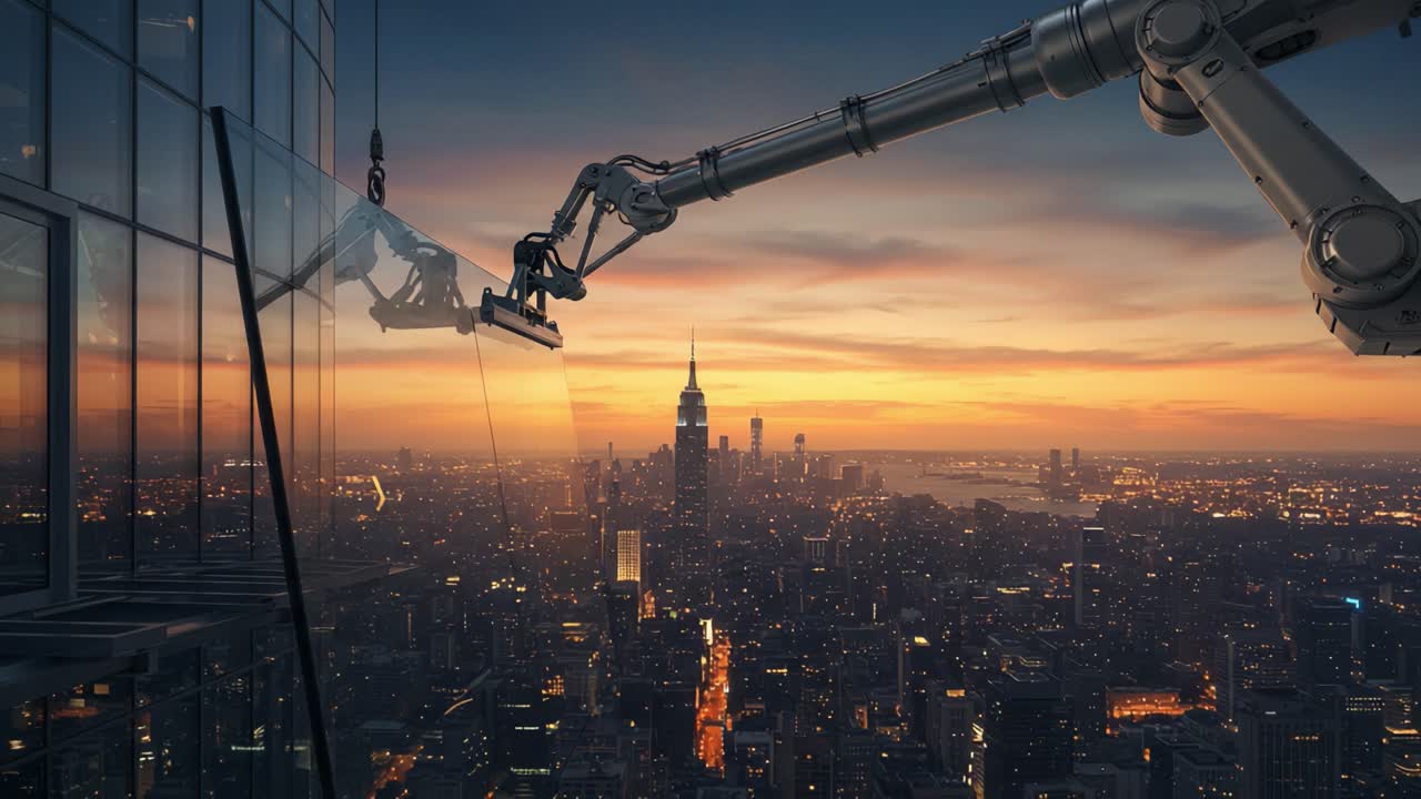 A Robotic Arm Cleaning Skyscraper Windows Against a Stunning Sunset Skyline: Advanced Technology Meets Urban Architecture in a Daring Cleaning Operation