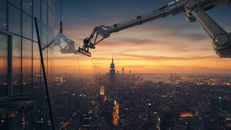 a robotic arm cleaning skyscraper windows against a stunning sunset skyline: advanced technology meets urban architecture in a daring cleaning operation
