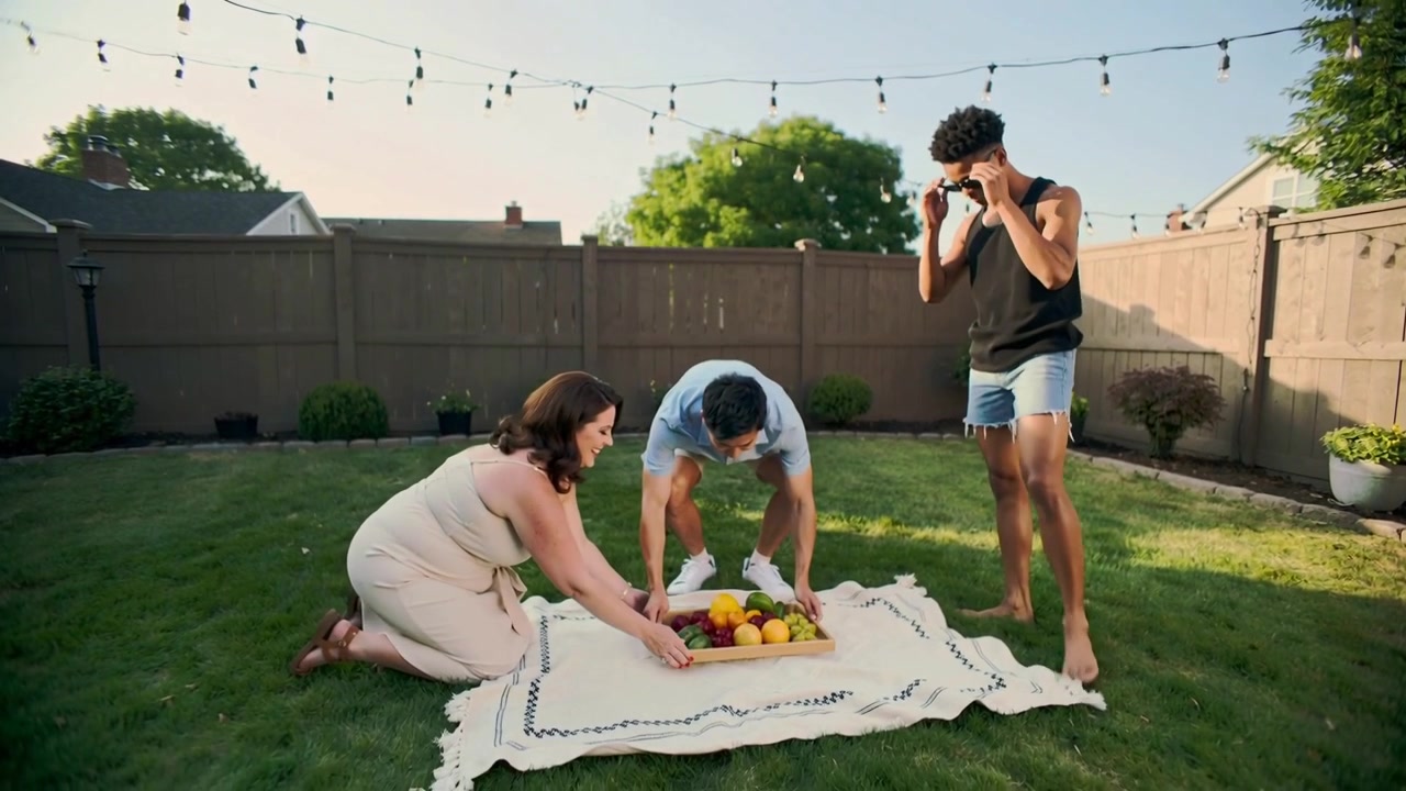 Bringing tray man placing fruit while woman in dress spreading blanket for picnic in backyard
