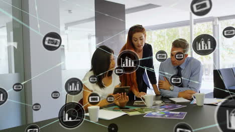 discussing data, business team with digital network animation in office meeting