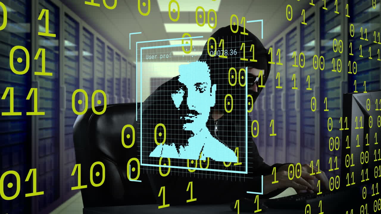 animación de procesamiento de datos y iconos de personas sobre hacker caucásico masculino usando portátil