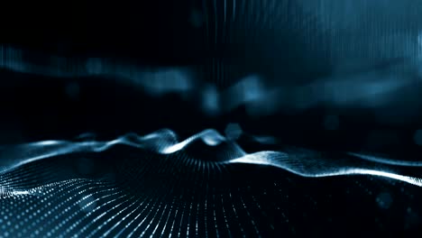 particles form line, surface grid or mysterious virtual space. 3d seamless animation as digital science fiction background of glowing particles with depth of field, bokeh. black strings 2